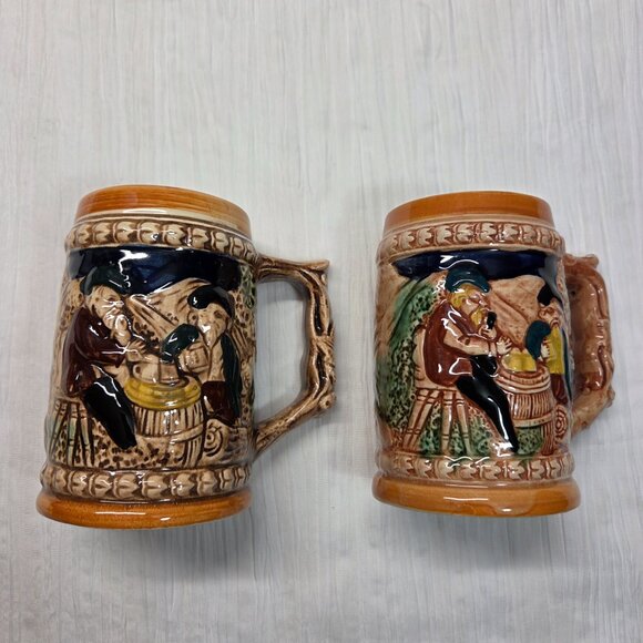 Vintage German Style Beer Stein Men Drinking Small Porcelain Mugs Set of 2 - Picture 3 of 8